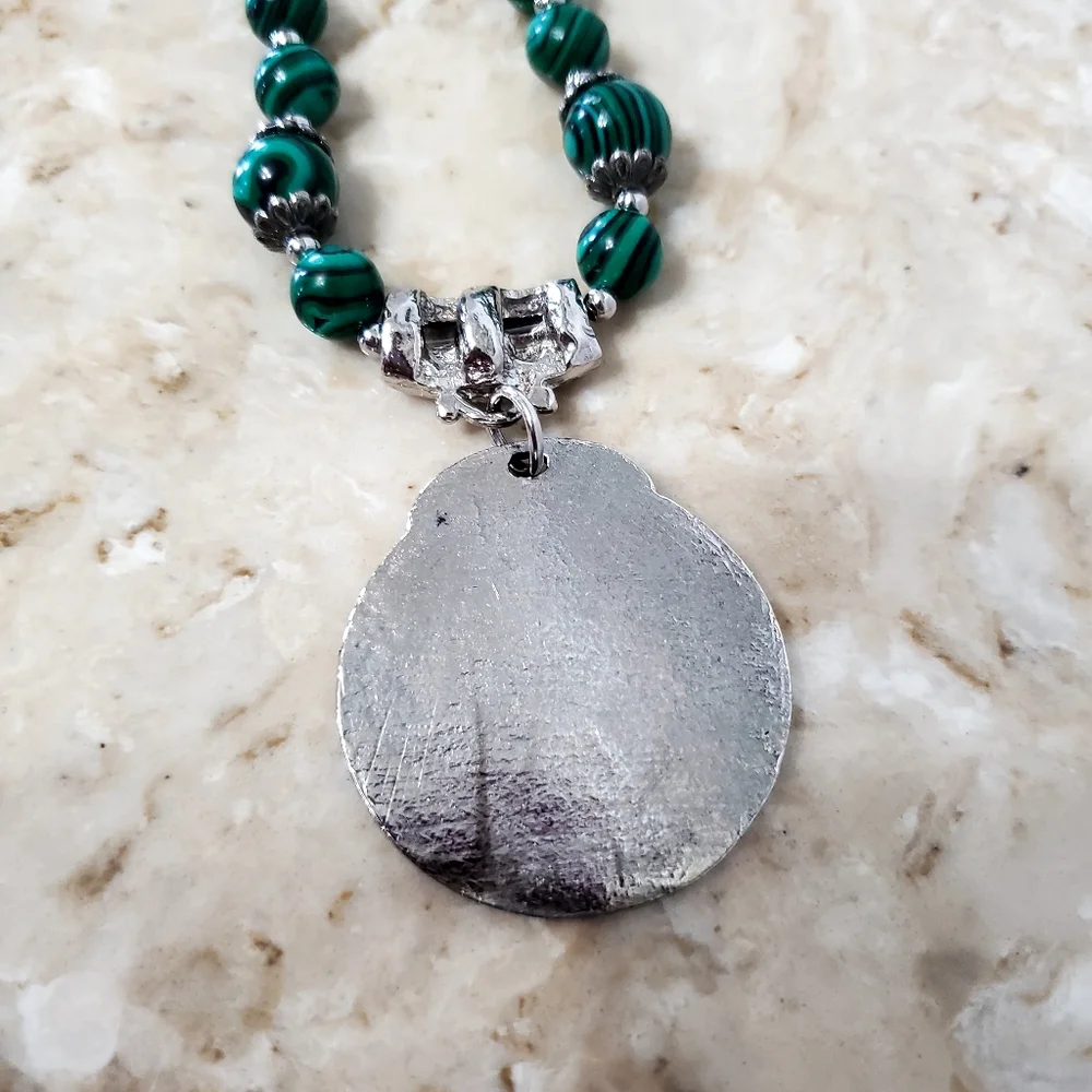 Green Beaded Malachite Silvertone Chain Necklace Celtic Pendant marked CM